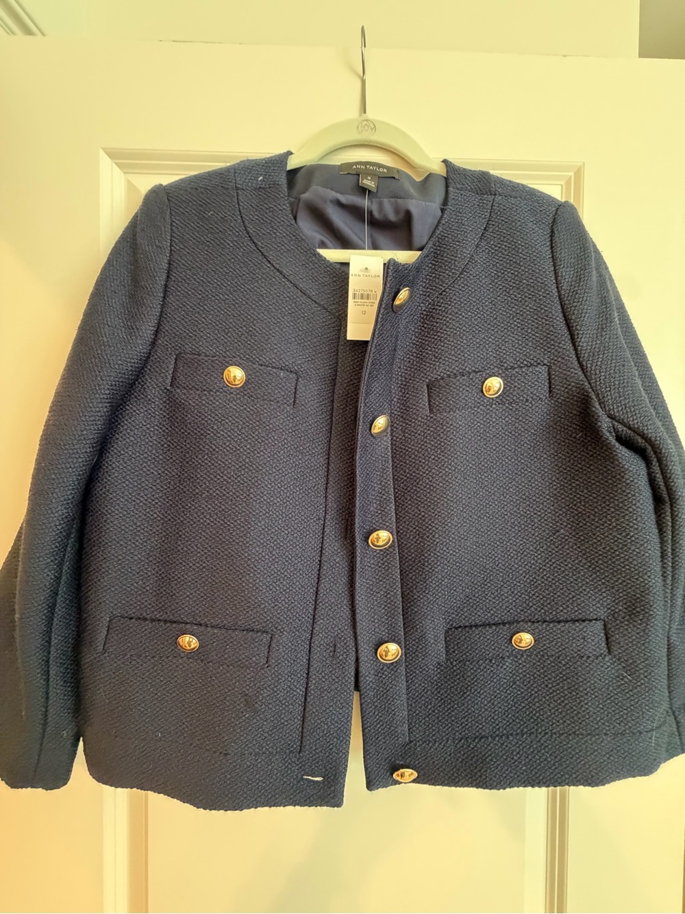 Ann Taylor Navy Textured Cropped Blazer with Gold Buttons - Picture 2 of 2